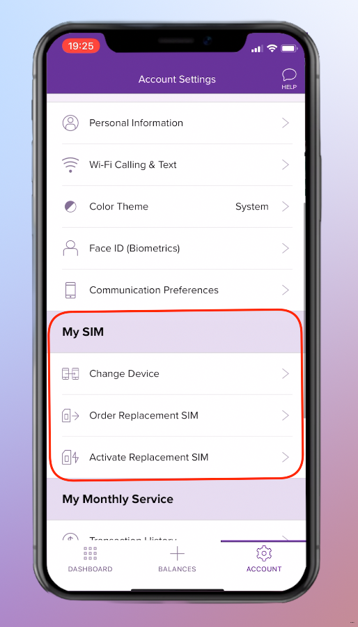 在账户页面进入我的 SIM 卡